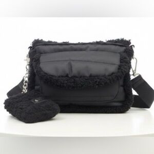 Aspen Quilted Nylon Black Faux Shearling Sherpa‎ Crossbody Bag with Pouch Wallet